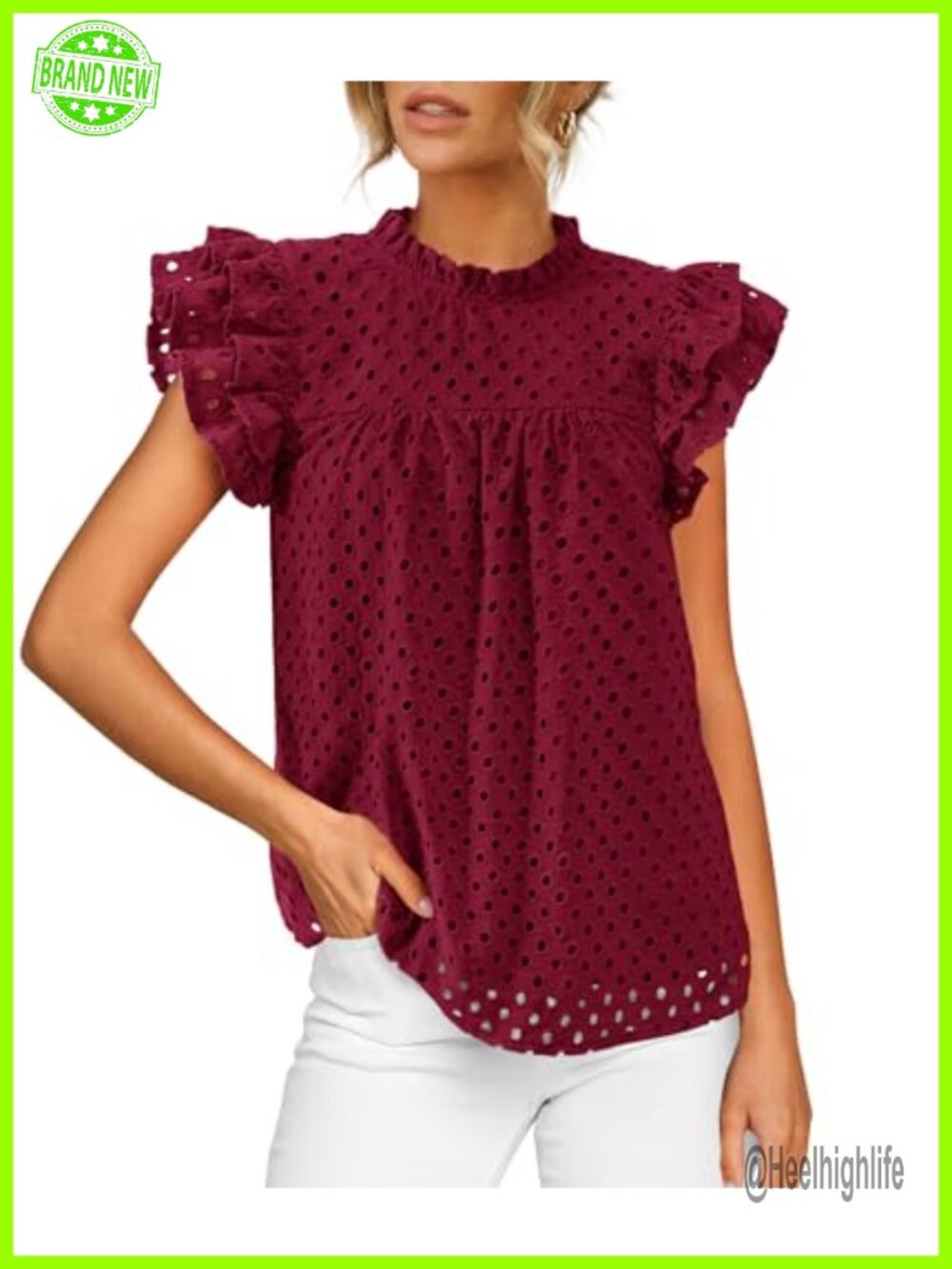 Women's Eyelet Lace Ruffle Sleeve Tunic Blouse Loose Fit Casual Office Top